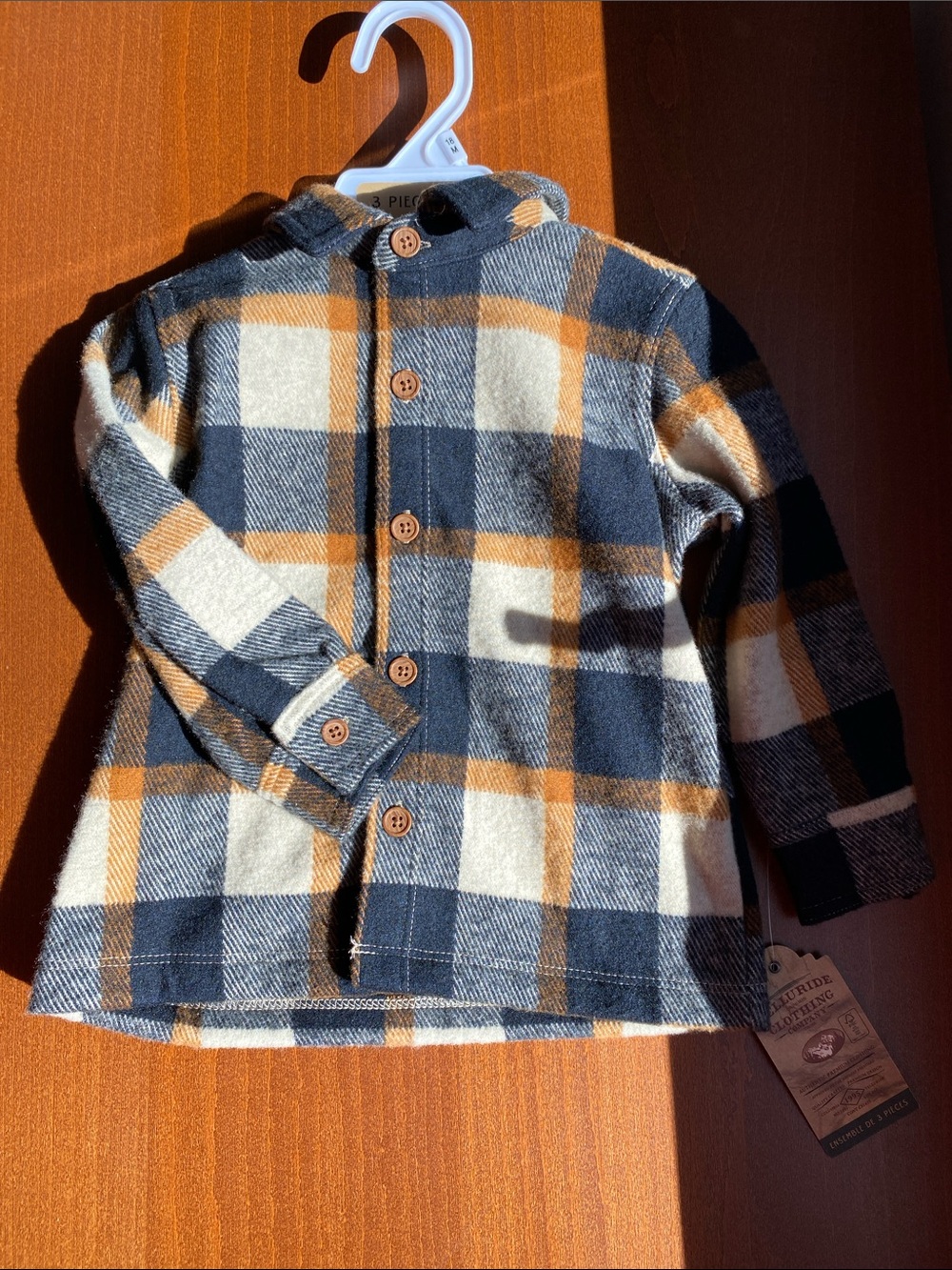 Plaid Button-Front Kids Shirt Jacket in Navy, Cream & Tan
